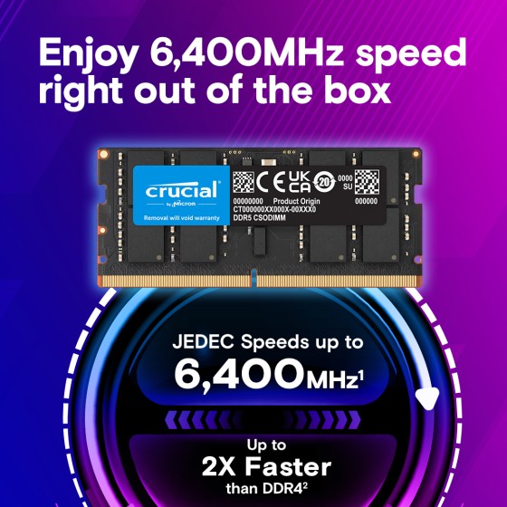 Crucial 24GB DDR5-6400MHz CSODIMM Laptop Memory Crucial 24GB (1 x 24GB) DDR5 6400MHz CSODIMM Laptop Memory (CT24G64C52CS5)