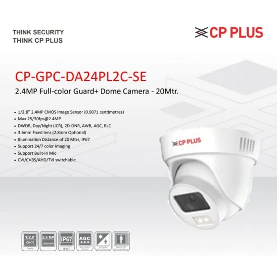 CP Plus Guard Series CP-GPC-DA24PL2C-SE 2.4 MP Full-color Dome Security Camera with Mic CP Plus Guard Series CP-GPC-DA24PL2C-SE 2.4 MP Full-color Dome Security Camera with Mic