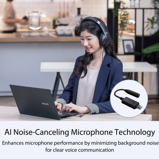 ASUS AI Noise-Canceling Mic Adapter with USB-C to 3.5 mm connection delivers unmatched crystal-clear communication.