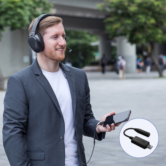 ASUS AI Noise-Canceling Mic Adapter with USB-C to 3.5 mm connection delivers unmatched crystal-clear communication.