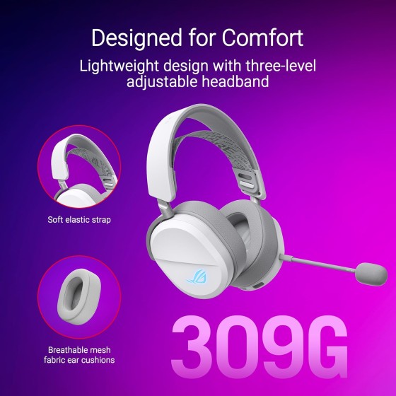 ASUS ROG Pelta White Wireless RGB Gaming Headset ASUS ROG Pelta Wireless RGB Gaming Headset (White) with ROG SpeedNova wireless technology, 50 mm ROG titanium-plated diaphragm drivers, refined wireless sound signature, 10 mm super-wideband boom microphone, lightweight 309-g design, plus ASUS Aura Sync R