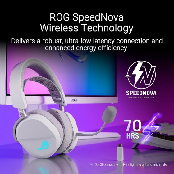 ASUS ROG Pelta White Wireless RGB Gaming Headset ASUS ROG Pelta Wireless RGB Gaming Headset (White) with ROG SpeedNova wireless technology, 50 mm ROG titanium-plated diaphragm drivers, refined wireless sound signature, 10 mm super-wideband boom microphone, lightweight 309-g design, plus ASUS Aura Sync R