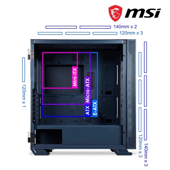 Msi MAG Vampiric 300R Pacific Blue Gaming Cabinet with VGA Support Bracket, Hinged Tempered Glass Window, 360mm Radiator Support, Magnetic Dust Filter