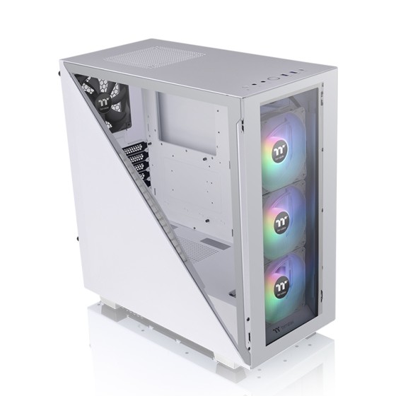 Thermaltake Divider 370 TG Snow ARGB Mid Tower Cabinet with three preinstalled 120mm ARGB PWM fans, one tempered glass window on the left side, and can support up to a 360 mm radiator at the front and top
