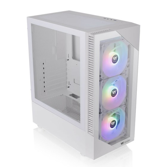 Thermaltake View 200 TG ARGB Snow Mid Tower Cabinet with hree preinstalled hydraulic bearing 120mm ARGB Lite front fans, and its RGB lighting is visible through its uniquely designed tempered glass front panel (White)