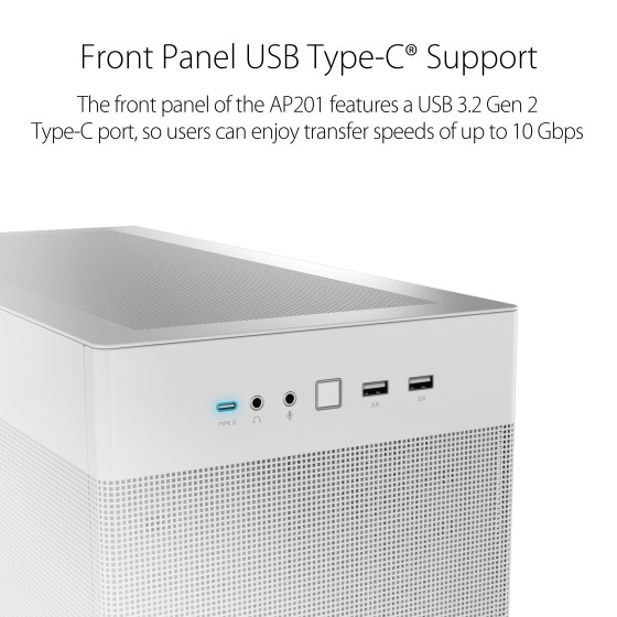 ASUS Prime AP201 White is a stylish 33-liter MicroATX case with tool-free side panels and a quasi-filter mesh, with support for 360 mm coolers, graphics cards up to 338 mm long, and standard ATX PSUs