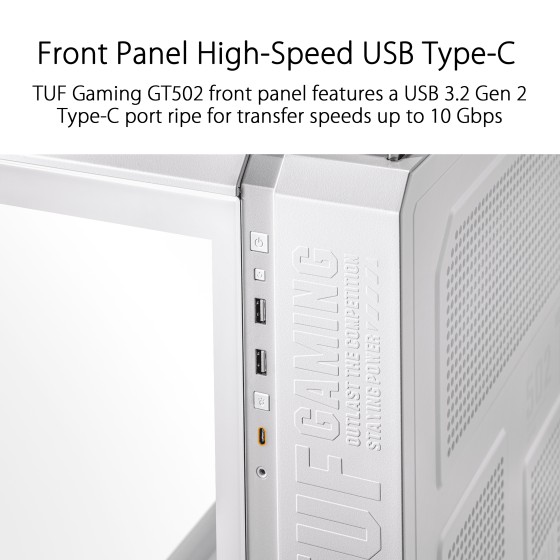 ASUS TUF Gaming GT502 White It’s Wonderfully Split! with Dual Chamber Chassis, Panoramic View​, Front Panel High-Speed USB Type-C​ and Tool-Free Side Panels