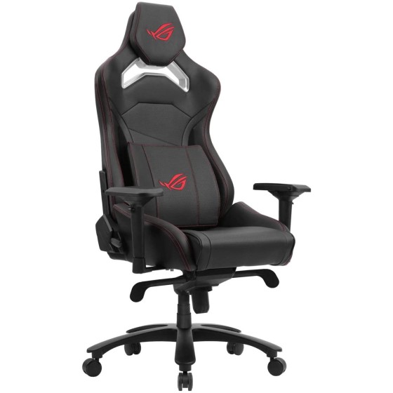 ASUS ROG Chariot Core gaming chair in racing-car style, featuring an adjustable high-density foam headrest, memory-foam lumbar support, 4D armrests, tilt mechanism and durable class 4 gas lift