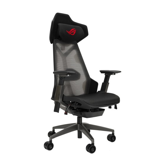 ASUS ROG Destrier Ergo Gaming Chair with futuristic cyborg aesthetic, versatile seat adjustments for the perfect posture, mobile gaming arm support mode, and acoustic panel for less distraction and more immersive gaming experience.