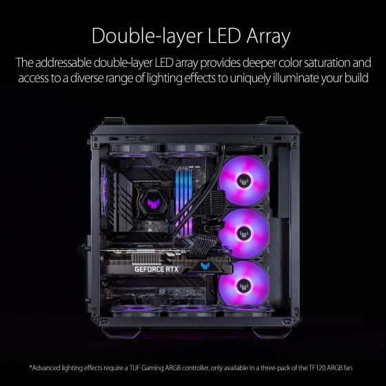 ASUS TUF Gaming TF120 ARGB chassis fan delivers high performance and durability in a rainbow of color.