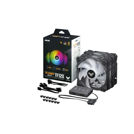 ASUS TUF Gaming TF120 ARGB Black chassis fan delivers high performance and durability in a rainbow of color | Triple Pack with ARGB Controller ASUS TUF Gaming TF120 ARGB Black chassis fan delivers high performance and durability in a rainbow of color | Triple Pack with ARGB Controller