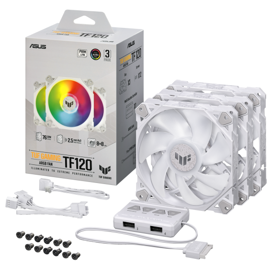 ASUS TUF Gaming TF120 ARGB White chassis fan delivers high performance and durability in a rainbow of color | Triple Pack with ARGB Controller