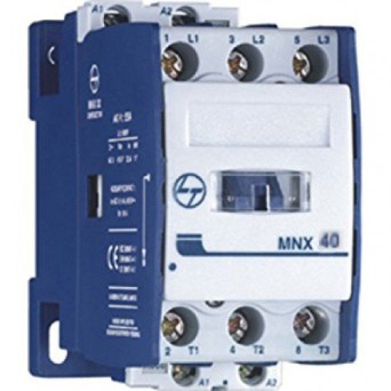 L&T MNX 40 3 Pole Power Contactors with Conforms to IS / IEC 60947-4-1 & IEC 60947-4-1,Range from 9A – 650A AC-3,Click fit type construction up to 40A,Coil on top design in 95A and above and Spares available for entire range