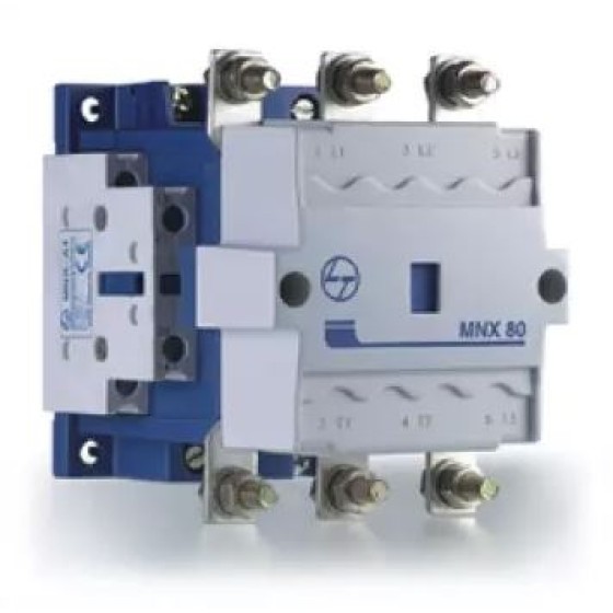 L&T MNX 80 3 Pole Power Contactors with Conforms to IS / IEC 60947-4-1 & IEC 60947-4-1,Range from 9A – 650A AC-3,Click fit type construction up to 40A,Coil on top design in 95A and above and Spares available for entire range