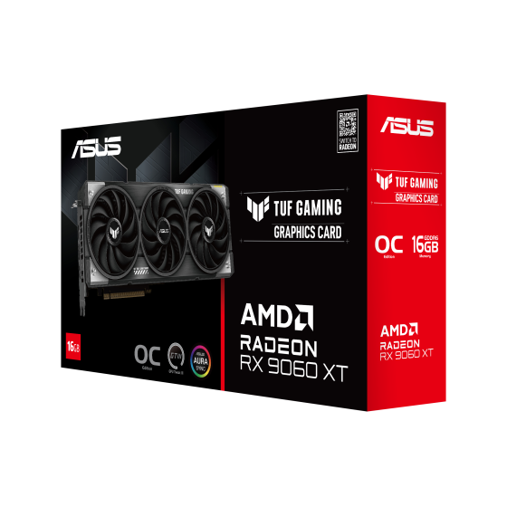 TUF Gaming Radeon RX 9060 XT OC 16GB Graphics Card by ASUS ASUS TUF Gaming RX 9060 XT OC Edition 16GB GDDR6 Graphics Card โ Front and Side View