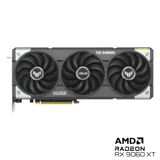 TUF Gaming Radeon RX 9060 XT OC 16GB Graphics Card by ASUS ASUS TUF Gaming RX 9060 XT OC Edition 16GB GDDR6 Graphics Card โ Front and Side View