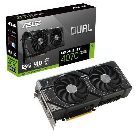 ASUS Dual GeForce RTX 4070 SUPER 12GB GDDR6X Gaming Graphics Card with PCIe 4.0, DLSS 3, HDMI 2.1, DisplayPort 1.4a, Auto-Extreme Tech, two powerful Axial-tech fans and a 2.56-slot design for broad compatibility