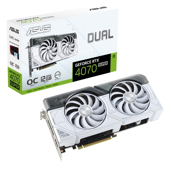ASUS Dual GeForce RTX 4070 SUPER White OC Edition 12GB GDDR6X Gaming Graphics Card with PCIe 4.0, DLSS 3, HDMI 2.1a, DisplayPort 1.4a, Auto-Extreme Tech, two powerful Axial-tech fans and a 2.56-slot design for broad compatibility