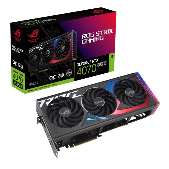 ASUS ROG Strix GeForce RTX™ 4070 SUPER 12GB GDDR6X OC Edition Gaming Graphics Card with PCIe 4.0, DLSS 3, Massive vented backplate, Power sensing, Aura Sync and chart-topping thermal performance.