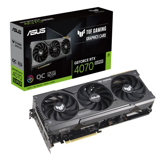 ASUS TUF Gaming GeForce RTX 4070 SUPER 12GB GDDR6X OC Edition Graphics Card with PCIe 4.0, DLSS 3, HDMI 2.1a, DisplayPort 1.4a, lower temps, and enhanced durability
