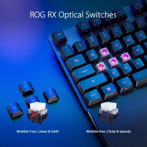 ASUS ROG Strix Scope II RX Blue Gaming Keyboard ASUS ROG Strix Scope II RX gaming keyboard with ROG RX Blue optical switches and RGB lighting