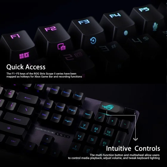 ASUS ROG Strix Scope II RX Blue Gaming Keyboard ASUS ROG Strix Scope II RX gaming keyboard with ROG RX Blue optical switches and RGB lighting
