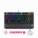ASUS ROG Strix Scope TKL Deluxe SPEED SILVER wired mechanical RGB gaming keyboard for FPS games, with Cherry MX switches, aluminum frame, ergonomic wrist rest, and Aura Sync lighting