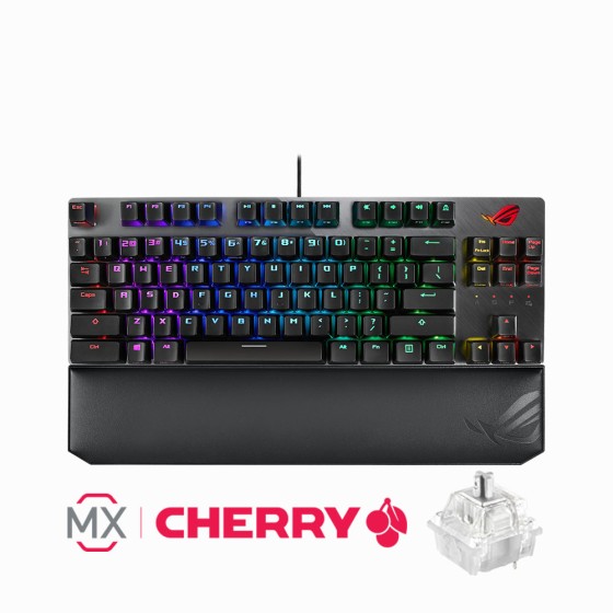 ASUS ROG Strix Scope TKL Deluxe SPEED SILVER wired mechanical RGB gaming keyboard for FPS games, with Cherry MX switches, aluminum frame, ergonomic wrist rest, and Aura Sync lighting