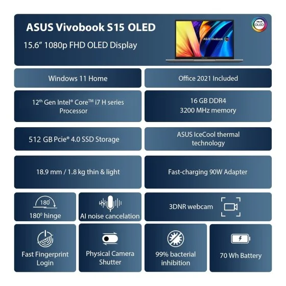 ASUS Vivobook S15 OLED S3502ZA-L701WS Light Weight Laptop ASUS Vivobook S15 OLED S3502ZA-L701WS Light Weight Laptop