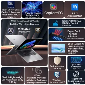 ASUS ExpertBook P5 P5405CSA-NZ0949X Windows 11 Pro Core Ultra 7 258V 32GB 1TB AI Laptop
