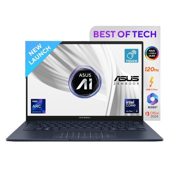 ASUS Zenbook 14 OLED, AI Powered Laptop, Intel Core Ultra 9 285H (32GB/1TB/Intel Arc Graphics/35.56 cms (14) 3K Touch/Windows 11 Home/Office Home 2024 + M365 Basic (1 Year Validity)*) UX3405CA-PZ164WS