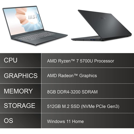 Msi Modern 15 A5M-280IN Laptop with AMD Ryzen 7 5700U,15.6 Inches Fhd IPS-Level 60Hz and 8GB DDR4 Ram,512GB M.2 Storage,Windows 11 Home