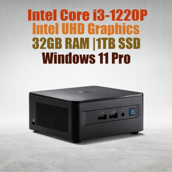 ASUS Mini PC NUC12WSHi3 Core i3-1220P 32GB 1TB Win11 ASUS NUC 12 Pro Kit NUC12WSHi3 Mini Pc With intel 12th Gen Core i3-1220P Processor (10 Cores 12 Threads 4.40GHz 12MB Cache Intel UHD Graphics) with 32GB DDR4 RAM, 1TB M.2 SSD, 2.5GbE LAN, Wi-Fi 6E, Bluetooth 5.3, 2x Thunderbolt 4 ports and Windows 11