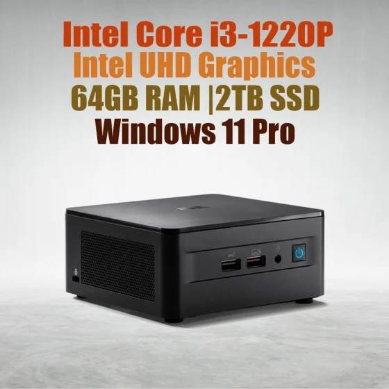 ASUS Mini PC NUC12WSHi3 Core i3-1220P 64GB 2TB Win11 ASUS NUC 12 Pro Kit NUC12WSHi3 Mini Pc With intel 12th Gen Core i3-1220P Processor (10 Cores 12 Threads 4.40GHz 12MB Cache Intel UHD Graphics) with 64GB DDR4 RAM, 2TB M.2 SSD, 2.5GbE LAN, Wi-Fi 6E, Bluetooth 5.3, 2x Thunderbolt 4 ports and Windows 11