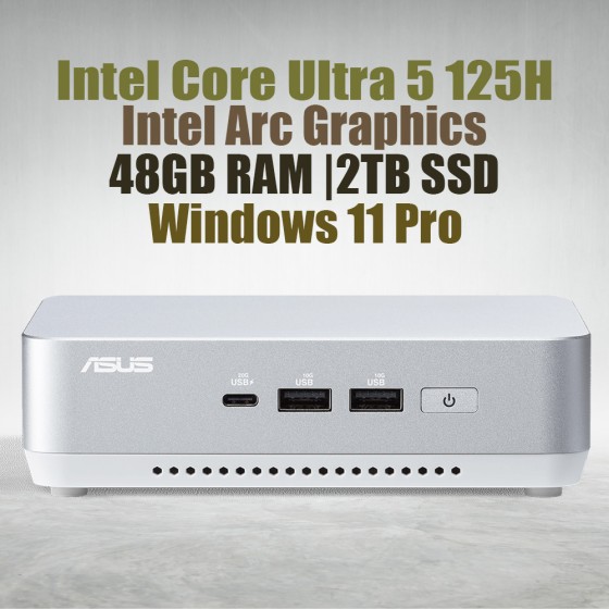 ASUS NUC 14 Pro Plus Kit NUC14RVSU5 Mini Pc with Intel 14th Gen Core Ultra 5 125H Processor (14 Cores 18 Threads 4.50GHz 18MB Cache Intel Arc Graphics) and 48GB DDR5 RAM, 2TB M.2 SSD, 2.5GbE LAN, Wi-Fi 6E, Bluetooth 5.3, 2x Thunderbolt 4 ports & Wind