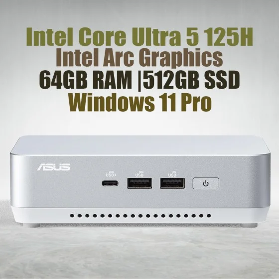 ASUS NUC 14 Pro Plus NUC14RVSU5 Core Ultra 5 125H 64GB 512GB Win11 ASUS NUC 14 Pro Plus Kit NUC14RVSU5 Mini Pc with Intel 14th Gen Core Ultra 5 125H Processor (14 Cores 18 Threads 4.50GHz 18MB Cache Intel Arc Graphics) and 64GB DDR5 RAM, 512GB M.2 SSD, 2.5GbE LAN, Wi-Fi 6E, Bluetooth 5.3, 2x Thunderbolt 4 ports & Wi