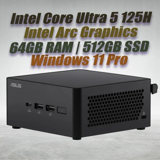 ASUS NUC 14 Pro NUC14RVHU5 Core Ultra 5 125H 64GB 512GB Win11 ASUS NUC 14 Pro Kit NUC14RVHU5 Mini Pc with Intel 14th Gen Core Ultra 5 125H Processor (14 Cores 18 Threads 4.50GHz 18MB Cache Intel Arc Graphics) and 64GB DDR5 RAM, 512GB M.2 SSD, 2.5GbE LAN, Wi-Fi 6E, Bluetooth 5.3, 2x Thunderbolt 4 ports & Windows