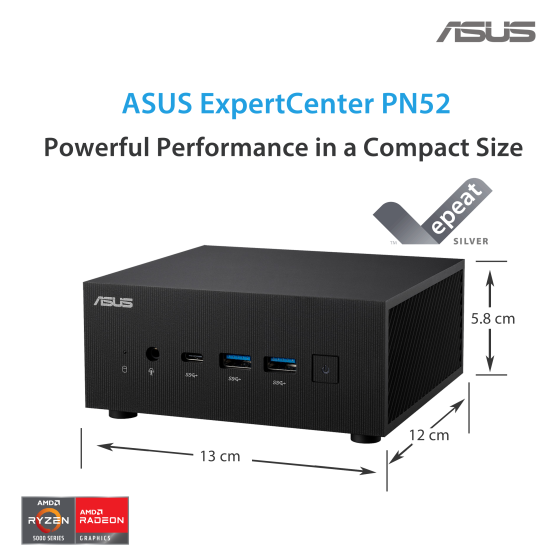 Asus ExpertCenter PN52 5600H Ultra-compact mini PC with AMD Ryzen™ 5 5600H processors and AMD Radeon ™ Graphics, 64GB 3200MHz DDR4 RAM, 2TB M.2 NVMe SSD and Windows 10 Pro, supports Quad-4K displays and 8K resolution, 2x PCIe® Gen3 x4 M.2 NVMe® SSD, 2.5