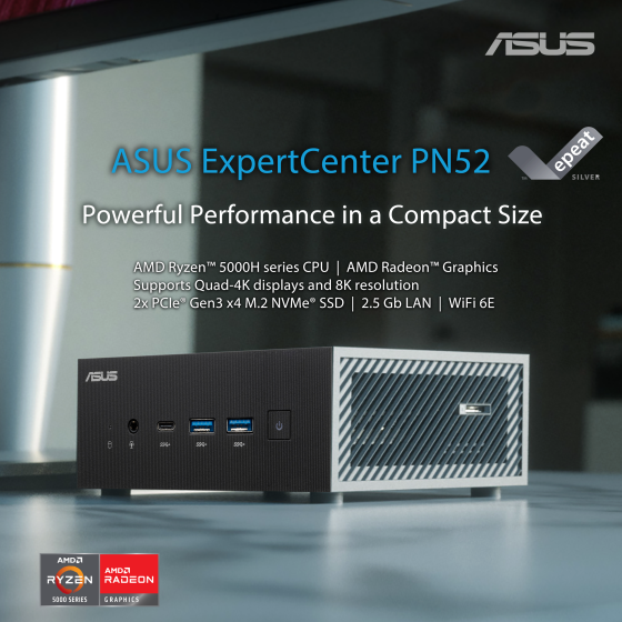 Asus ExpertCenter PN52 5600H Ultra-compact mini PC with AMD Ryzen™ 5 5600H processors and AMD Radeon ™ Graphics, 64GB 3200MHz DDR4 RAM, 512GB M.2 NVMe SSD and Windows 10 Pro, supports Quad-4K displays and 8K resolution, 2x PCIe® Gen3 x4 M.2 NVMe® SSD, 2.5