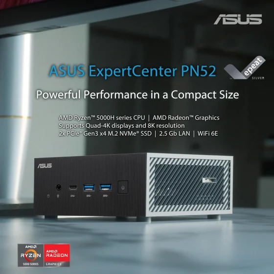 Asus ExpertCenter PN52 5600H Ultra-compact mini PC with AMD Ryzen™ 5 5600H processors and AMD Radeon ™ Graphics, 8GB 3200MHz DDR4 RAM, 256GB M.2 NVMe SSD and Windows 10 Pro, supports Quad-4K displays and 8K resolution, 2x PCIe® Gen3 x4 M.2 NVMe® SSD, 2.5 Asus ExpertCenter PN52 5600H Ultra-compact mini PC with AMD Ryzen™ 5 5600H processors and AMD Radeon ™ Graphics, 8GB 3200MHz DDR4 RAM, 256GB M.2 NVMe SSD and Windows 10 Pro, supports Quad-4K displays and 8K resolution, 2x PCIe® Gen3 x4 M.2 NVMe® SSD, 2.5
