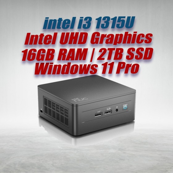 Intel NUC 13 Pro Kit NUC13ANHi3 Mini PC with 13th Gen Core i3-1315U Processor (6 Cores, 8 Threads, 4.50GHz, 10MB Cache, Intel UHD Graphics) with 16GB DDR4 RAM, 2TB M.2 SSD, 2.5GbE LAN, Wi-Fi 6E, Bluetooth 5.3, 2x Thunderbolt 4 ports and Windows 11