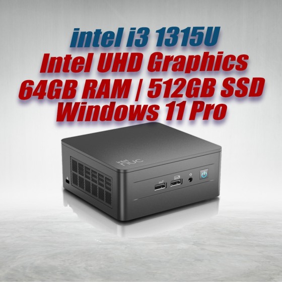 Intel NUC 13 Pro Kit NUC13ANHi3 Mini PC with 13th Gen Core i3-1315U Processor (6 Cores, 8 Threads, 4.50GHz, 10MB Cache, Intel UHD Graphics) with 64GB DDR4 RAM, 512GB M.2 SSD, 2.5GbE LAN, Wi-Fi 6E, Bluetooth 5.3, 2x Thunderbolt 4 ports and Windows 11