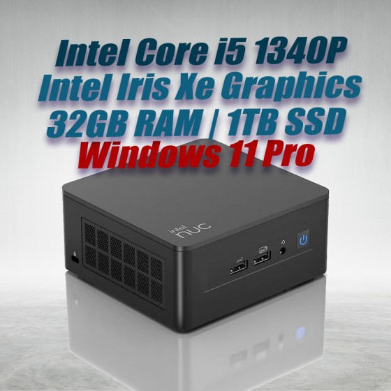 Intel NUC 13 Pro Kit NUC13ANHi5 Mini PC with 13th Gen Core i5-1340P Processor (12 Cores 16 Threads 4.60GHz 12MB Cache Intel Iris Xe Graphics) with 32GB DDR4 RAM, 1TB M.2 SSD, 2.5GbE LAN, Wi-Fi 6E, Bluetooth 5.3, 2x Thunderbolt 4 ports and Windows 11