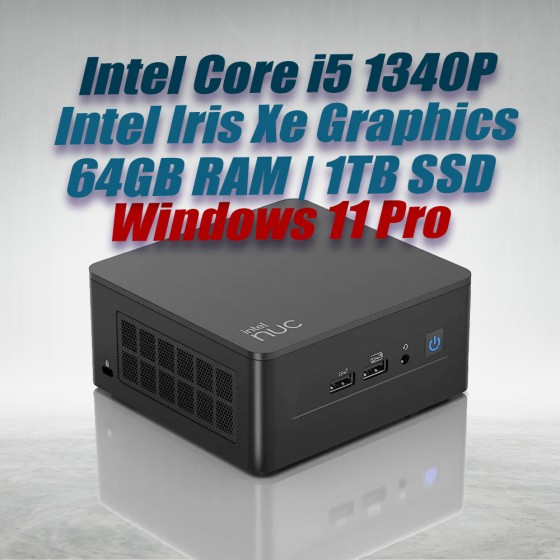 Intel NUC 13 Pro Kit NUC13ANHi5 Mini PC with 13th Gen Core i5-1340P Processor (12 Cores 16 Threads 4.60GHz 12MB Cache Intel Iris Xe Graphics) with 64GB DDR4 RAM, 1TB M.2 SSD, 2.5GbE LAN, Wi-Fi 6E, Bluetooth 5.3, 2x Thunderbolt 4 ports and Windows 11