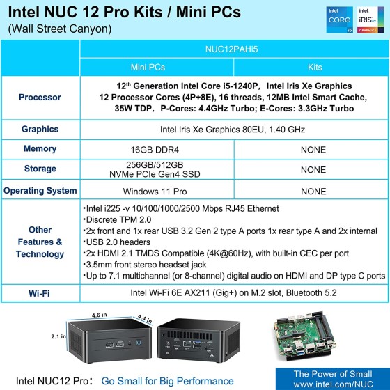 Intel NUC 12 Pro Kit NUC12WSHi5 Mini PC with 12th Gen Core i5-1240P Processor with 16GB DDR4 RAM, 512GB SSD, 2.5GbE LAN, Wi-Fi 6E, Bluetooth 5.3, 2x Thunderbolt 4 ports, Windows 11, Office 2021 Pro plus, Wireless Keyboard Mouse and 24Inch IPS Monitor