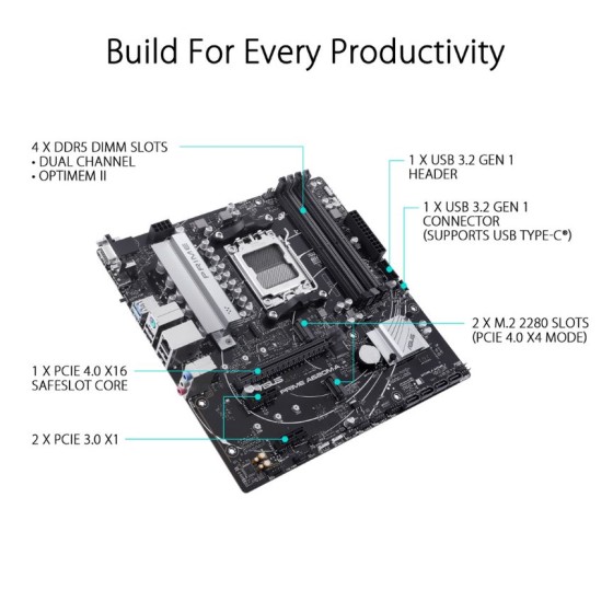 Asus PRIME A620M-A DDR5 Motherboard with AMD A620 micro-ATX motherboard, DDR5, PCIe 4.0 support, dual M.2 slots, DisplayPort/HDMI™/VGA, USB 3.2 Gen 1 ports, front USB 3.2 Gen 1 Type-C®, SATA 6 Gbps, BIOS FlashBack™, Two-Way AI Noise Cancelation, Aura Sync