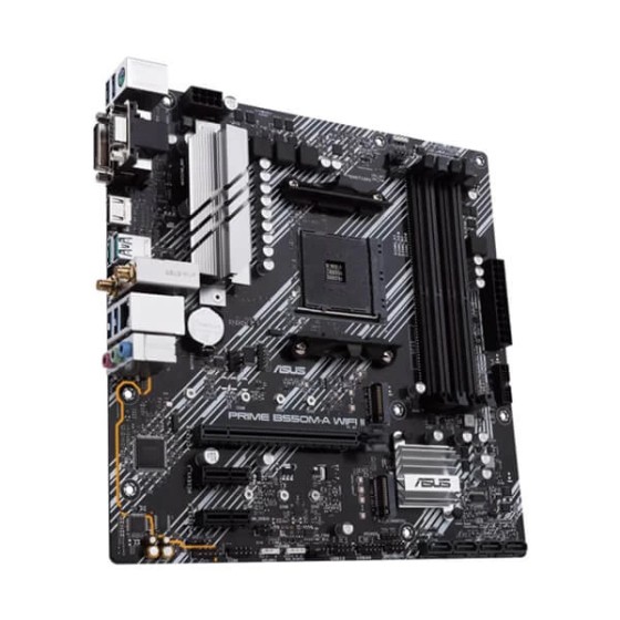 Asus PRIME B550M-A WIFI II Motherboard with AMD B550 (Ryzen AM4) micro ATX motherboard with dual M.2, PCIe 4.0, Wi-Fi 6, 1 Gb Ethernet, HDMI, DVI-D, D-Sub, SATA 6 Gbps, USB 3.2 Gen 2 Type-A, and Aura Sync RGB lighting support