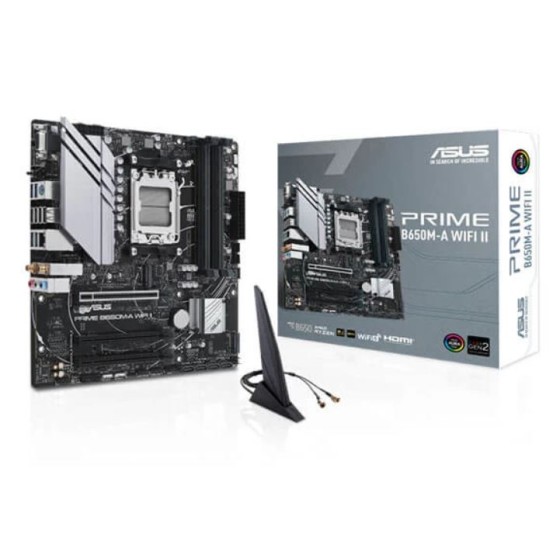 ASUS PRIME B650M-A WIFI II AMD B650 Micro-ATX motherboard, DDR5, PCIe 5.0 M.2 support, Realtek 2.5Gb Ethernet, Wi-Fi 6, DisplayPort, VGA, HDMI®, SATA 6 Gbps, USB 3.2 Gen 2 ports, front USB 3.2 Gen 1 Type-C®, BIOS FlashBack™, Arua Sync