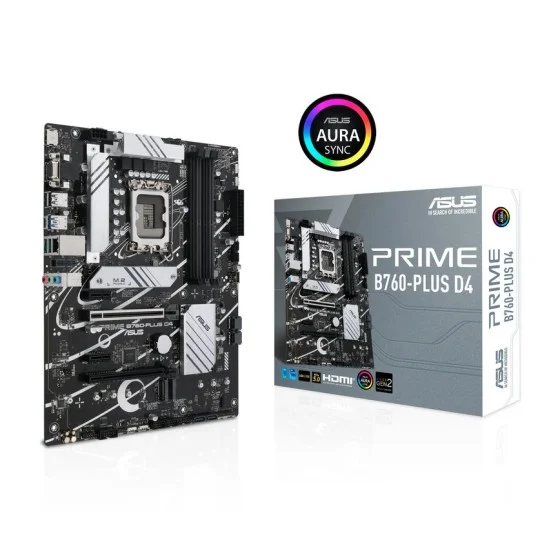 ASUS PRIME B760-PLUS D4 LGA 1700 ATX motherboard ASUS PRIME B760-PLUS D4 LGA 1700 ATX motherboard with PCIe 5.0, three PCIe 4.0 M.2 slots, DDR4, Realtek 2.5Gb Ethernet, DisplayPort, VGA, HDMI, SATA 6 Gbps, USB 3.2 Gen 2 Type-C, front USB 3.2 Gen 1 Type-C, Thunderbolt (USB4) support, Aura Sync