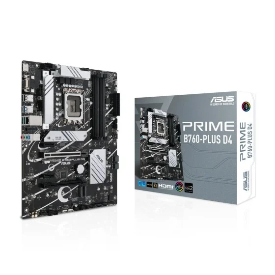 ASUS PRIME B760-PLUS D4 LGA 1700 ATX motherboard ASUS PRIME B760-PLUS D4 LGA 1700 ATX motherboard with PCIe 5.0, three PCIe 4.0 M.2 slots, DDR4, Realtek 2.5Gb Ethernet, DisplayPort, VGA, HDMI, SATA 6 Gbps, USB 3.2 Gen 2 Type-C, front USB 3.2 Gen 1 Type-C, Thunderbolt (USB4) support, Aura Sync
